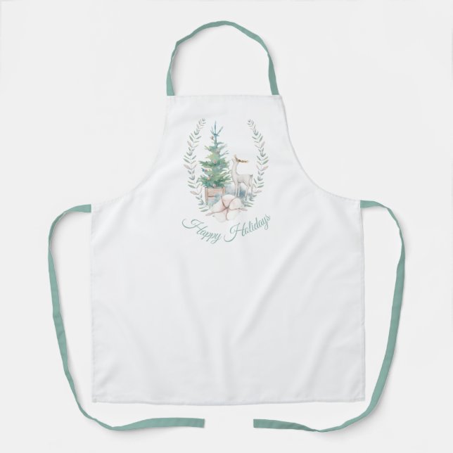 Christmas Deer and Tree Watercolor  Apron (Front)