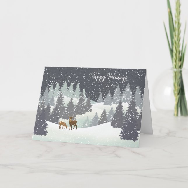 Christmas Deer and Winter Pines Holiday Card (Front)