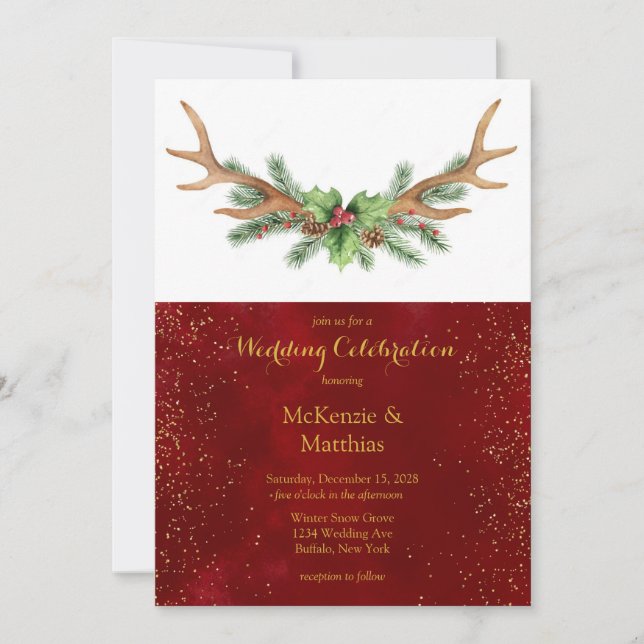 Christmas Deer Antler Burgundy Gold Wedding Invitation (Front)