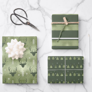 Christmas Deer Antler, Stripes and Fir Trees ID864 Wrapping Paper Sheet