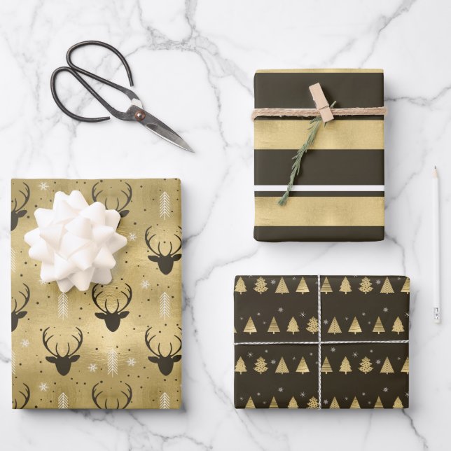 Christmas Deer Antler Stripes Trees Gold/Br ID864 Wrapping Paper Sheet (Front)