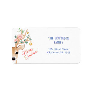 Christmas Deer Antlers Watercolor Holly Roses Label
