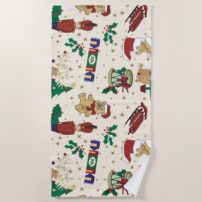 Christmas deer,bear,cat and Nutcracker Beach Towel (Front)