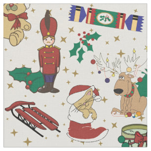 Christmas deer,bear,cat and Nutcracker Fabric