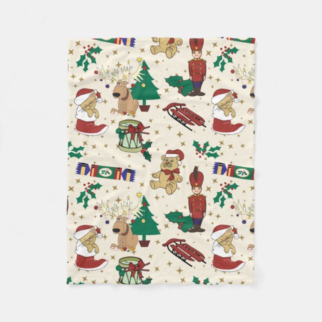 Christmas deer,bear,cat and Nutcracker Fleece Blanket (Front)