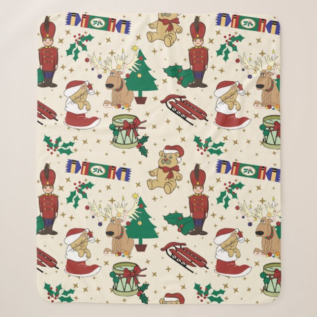 Christmas deer,bear,cat and Nutcracker Sherpa Blanket (Front)