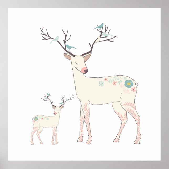 Christmas Deer Birds & Flowers Illustration Poster (Front)