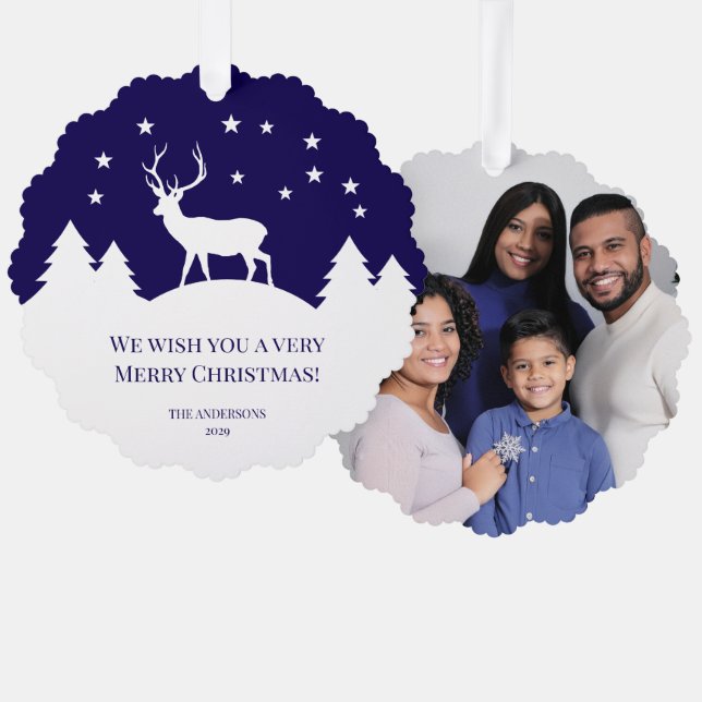 Christmas Deer Blue White Pine Trees Family Photo  Tree Decoration Card (Front/Back)