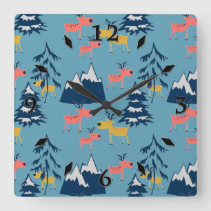 Christmas deer , Christmas trees, mountains  Square Wall Clock
