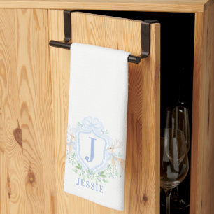 Christmas Deer Crest Monogram With Name Tea Towel