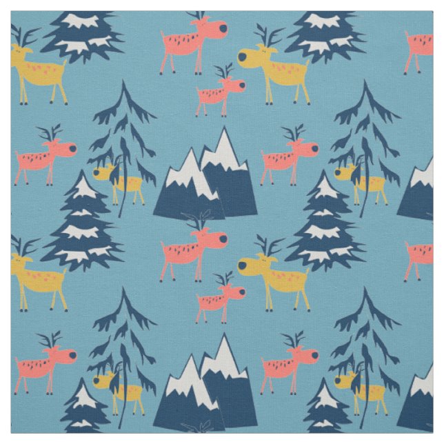 Christmas ,deer ,forest, Christmas trees, holiday Fabric (Swatch)