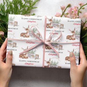 Christmas Deer Happy Christmas Personalised Name Wrapping Paper