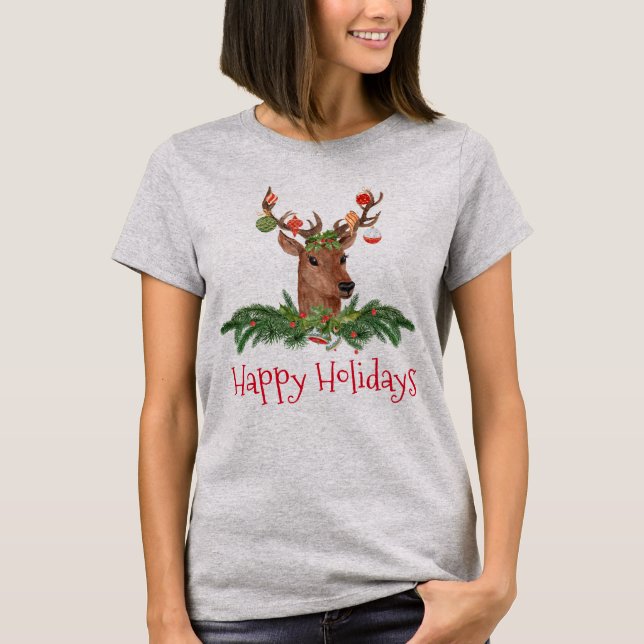 Christmas Deer Happy Holidays T-Shirt (Front)