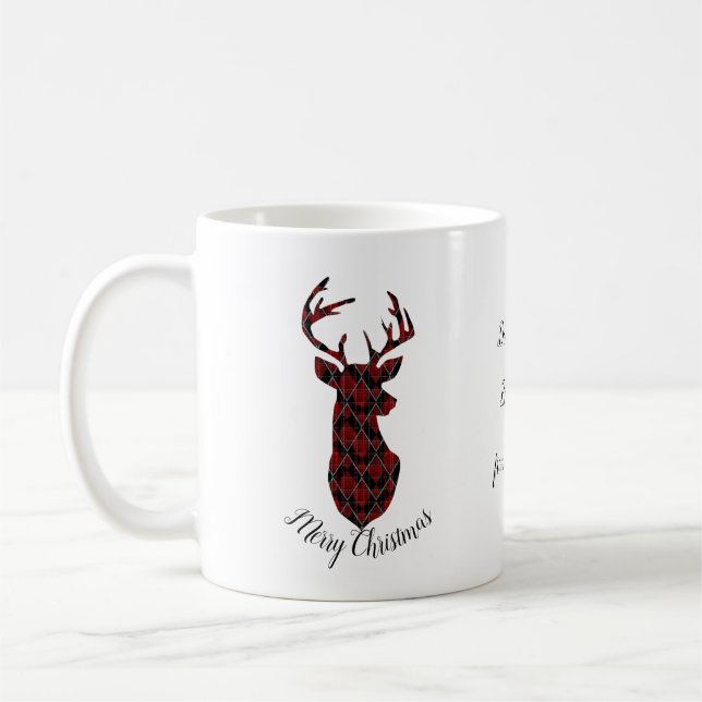 Christmas deer head, chequered, red and black coffee mug (Left)
