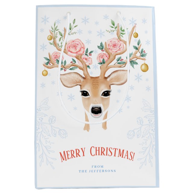 Christmas Deer Holly Roses Snowflakes Outline Blue Medium Gift Bag (Front)