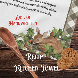 Christmas Deer Holy Recipe Keepsake Beige Plaid  Tea Towel