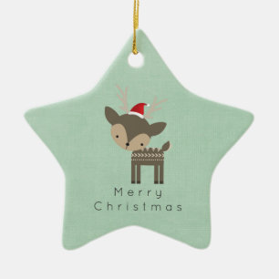 Christmas Deer In A Red Santa Hat Retro Hipster Ceramic Tree Decoration
