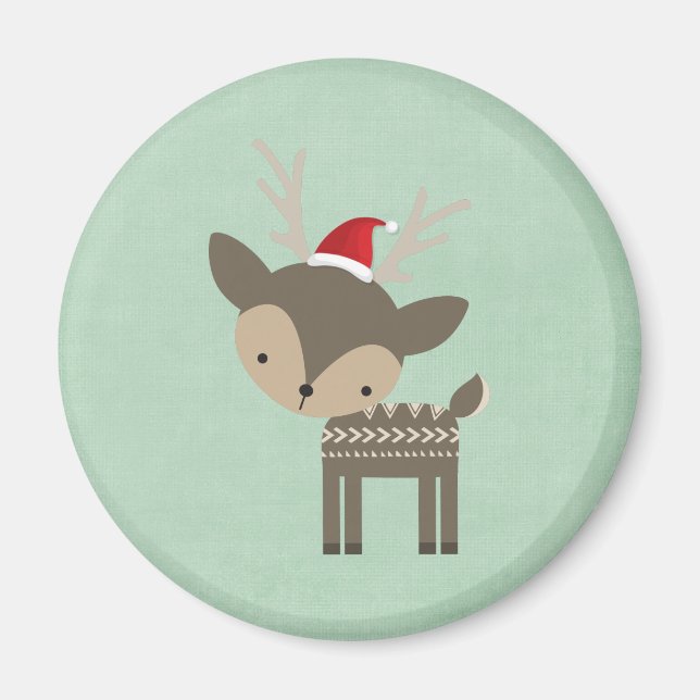 Christmas Deer In A Red Santa Hat Retro Hipster Magnet (Front)