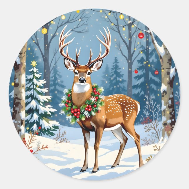 Christmas Deer in Festive Winter Forest  Classic Round Sticker (Front)