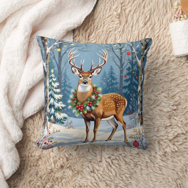 Christmas Deer in Festive Winter Forest  Cushion (Blanket)