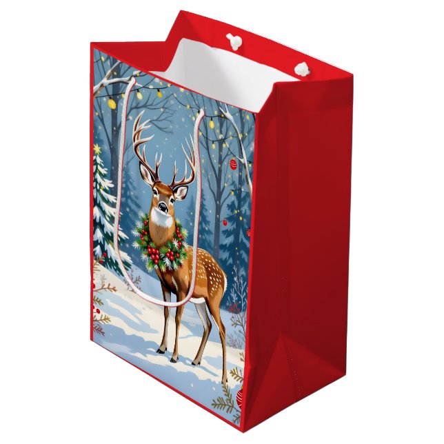Christmas Deer in Festive Winter Forest  Medium Gift Bag (Front Angled)