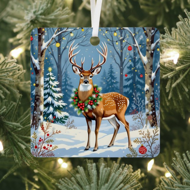 Christmas Deer in Festive Winter Forest  Metal Tree Decoration (Insitu)
