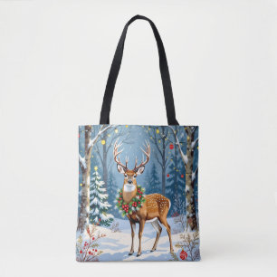 Christmas Deer in Festive Winter Forest Tote Bag