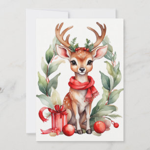 Christmas Deer in Red Scarf Flat Holiday Card