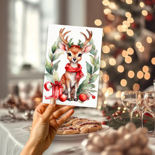 Christmas Deer in Red Scarf Flat Holiday Card