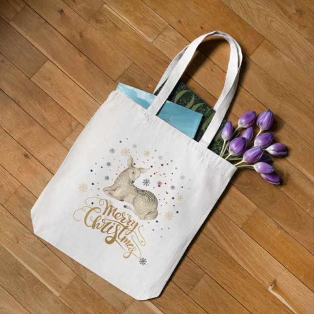 Christmas Deer & Merry Christmas Typography Tote Bag (Creator Uploaded)