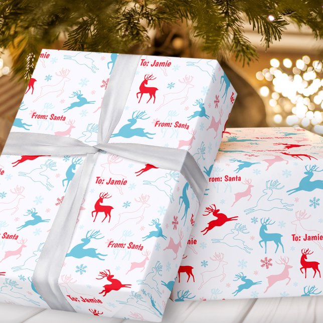 Christmas Deer Nordic Simple Blue Red Custom Name  Wrapping Paper (Christmas Deer Nordic Simple Blue Red Custom Name Wrapping Paper)