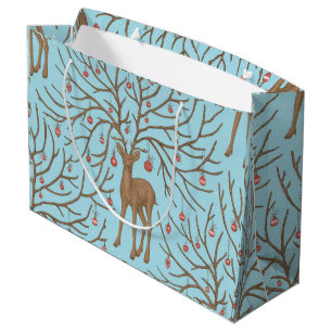 Christmas deer on blue large gift bag