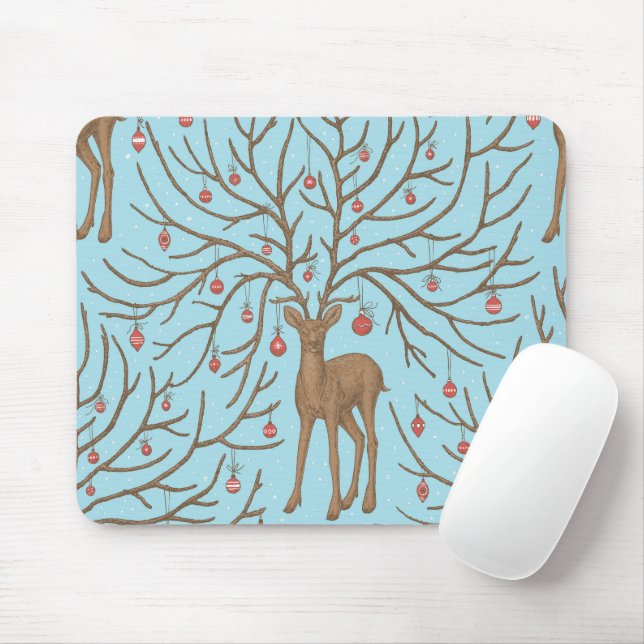 Christmas deer on blue mouse pad (With Mouse)