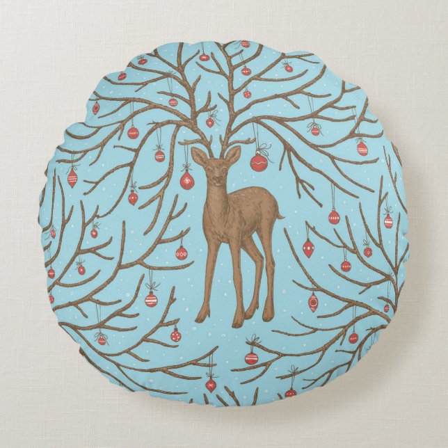 Christmas deer on blue round cushion (Front)