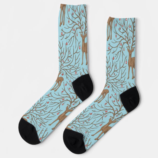 Christmas deer on blue socks (Left)