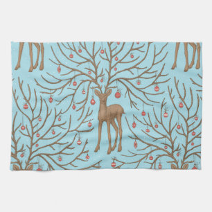 Christmas deer on blue tea towel