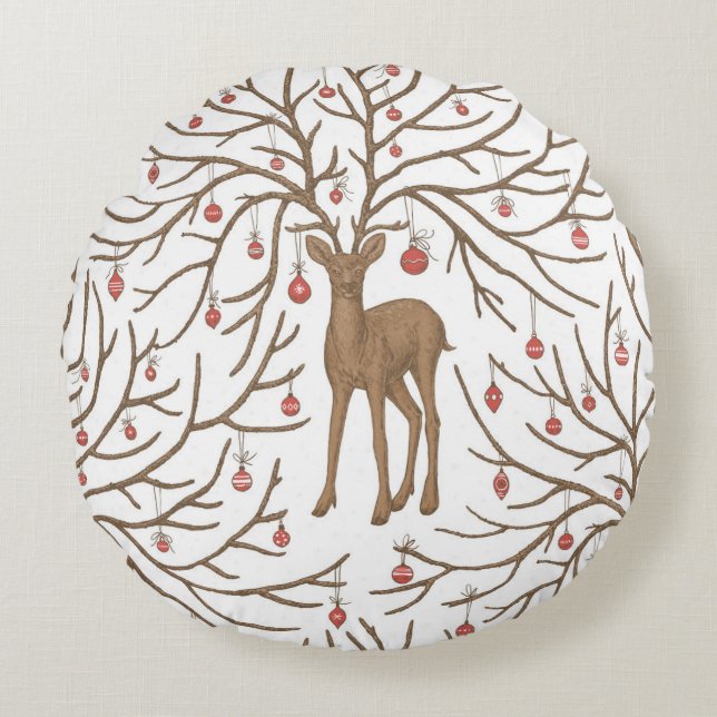Christmas deer on white round cushion (Front)