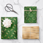 Christmas Deer Patterns Green Gold Wrapping Paper Sheet<br><div class="desc">This holiday wrapping paper assortment features patterns of gold faux foil antlers and leaping deer on green distressed backgrounds,  along with a gold faux foil satin stripe pattern.</div>