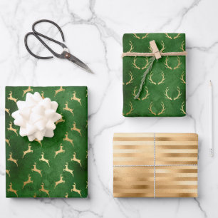 Christmas Deer Patterns Green Gold Wrapping Paper Sheet