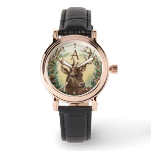 CHRISTMAS DEER,PINE CONES CROWN,PINK GEMS MONOGRAM WATCH