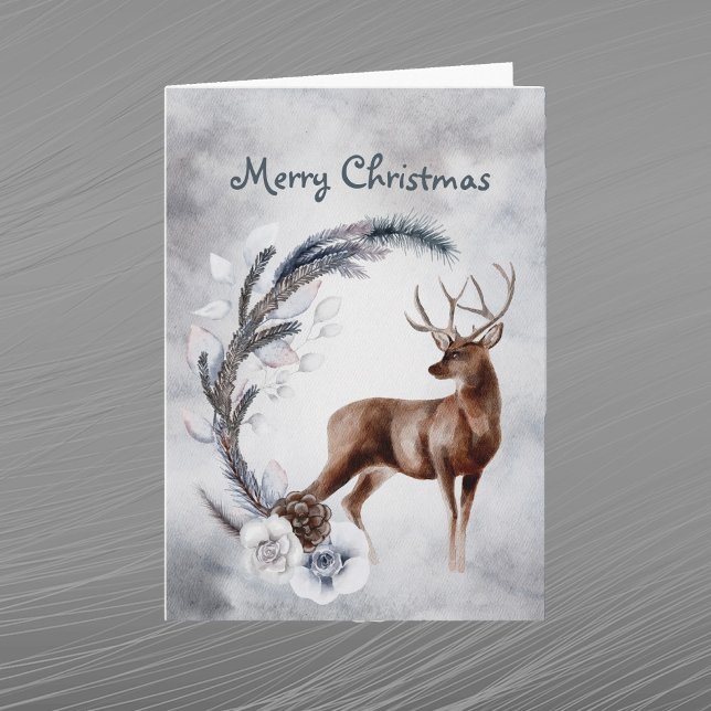 Christmas Deer Pine Floral Watercolor Holiday Card (Creator Uploaded)