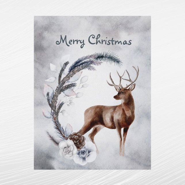 Christmas Deer Pine Floral Watercolor Holiday Postcard (Creator Uploaded)
