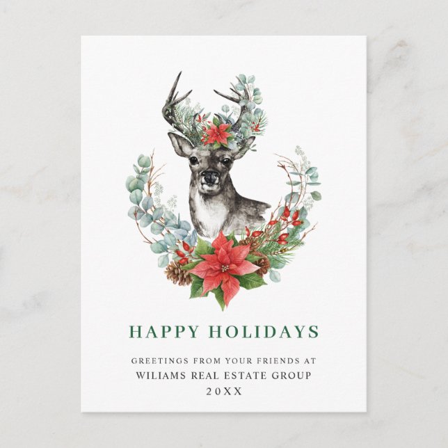 Christmas Deer Poinsettia Christmas Corporate Post Postcard (Front)