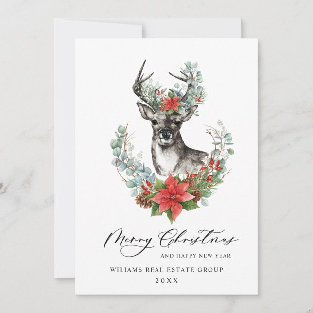 Christmas Deer Poinsettia Corporate Greeting Holiday Card (Front)