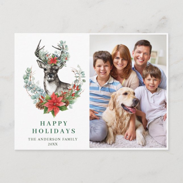 Christmas Deer Poinsettia Greeting Holiday PHOTO Postcard (Front)
