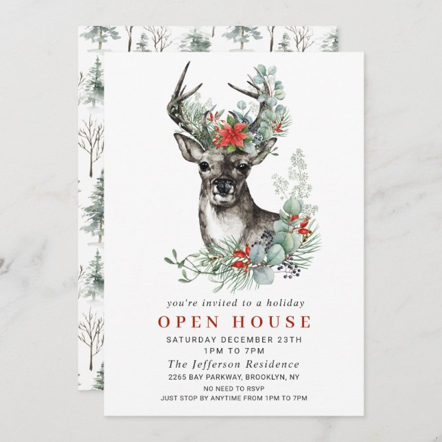 Christmas Deer Poinsettia Holiday Open House Invitation (Front/Back)