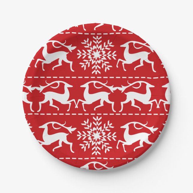 Christmas Deer Red and White Holiday Pattern Paper Plate (Front)