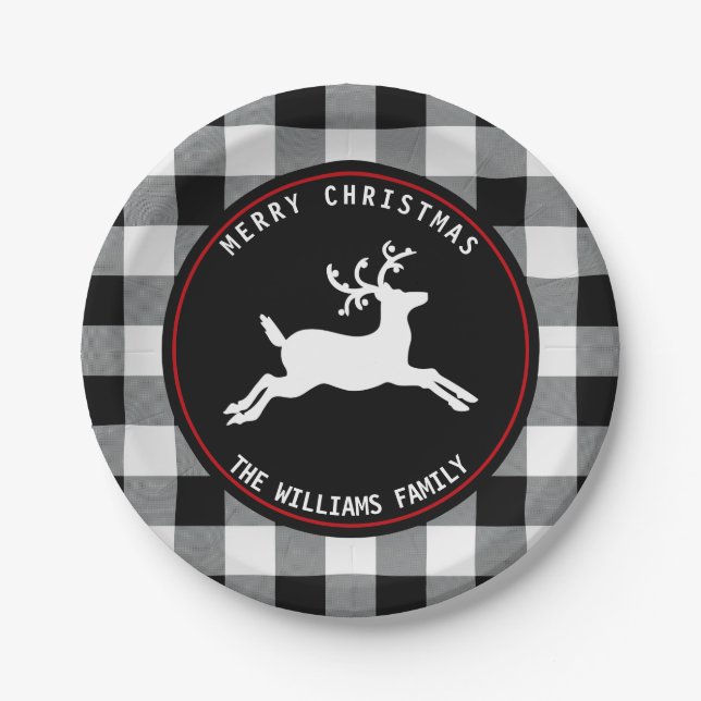 Christmas Deer Rustic Black White Buffalo Check Paper Plate (Front)