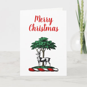 Christmas Deer Stag by Tree Heraldic Crest Emblem Holiday Card