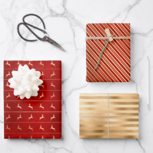 Christmas Deer Stripes Patterns Red Gold Wrapping Paper Sheet
